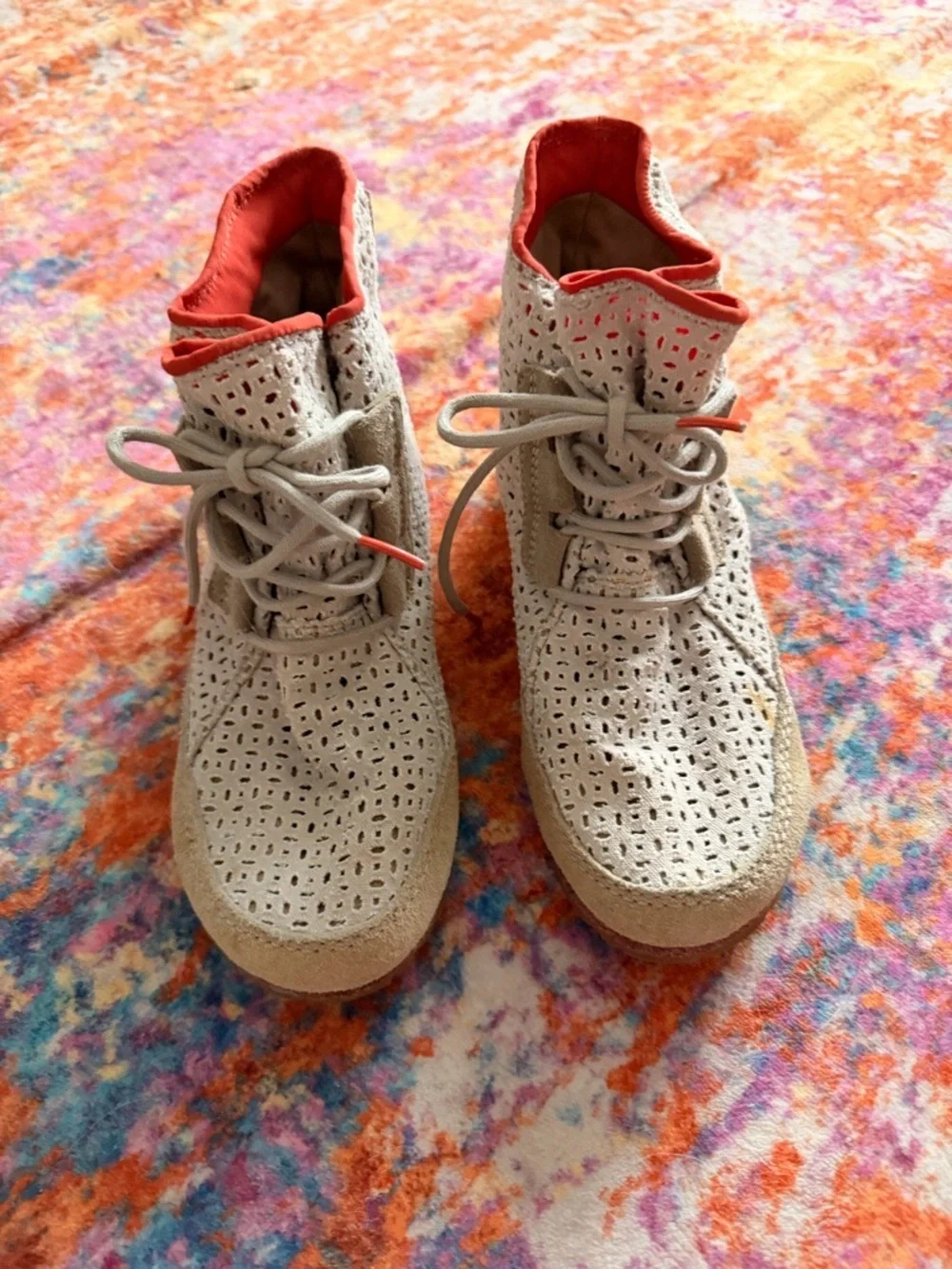 Sorel Cream and Red Perforated Canvas Suede Sneakers